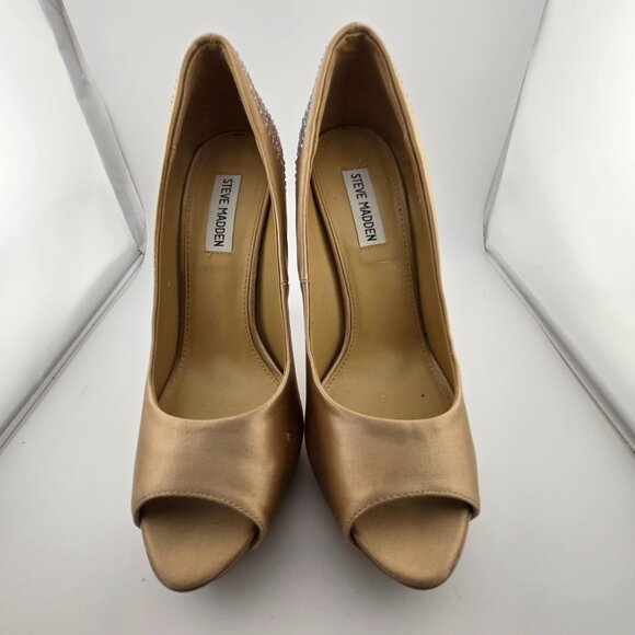 Steve Madden Playy-R Tan Satin Peep-Toe Rhinestone Stiletto Heels Size 9M - Picture 1 of 11